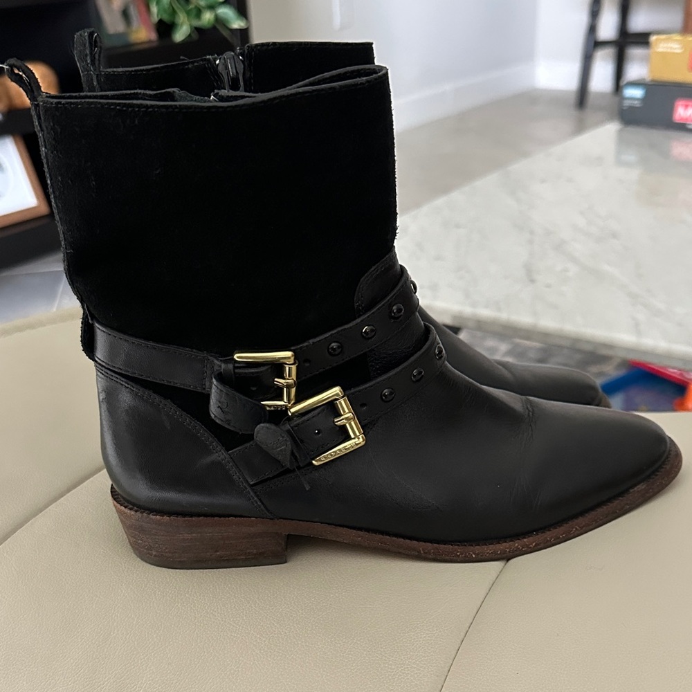Coach Black Leather Boots with Gold Buckles